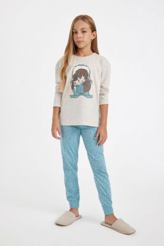Kız Çocuk Pijama Takım Baskılı Uzun Kollu Üst Beli Lastikli Uzun Alt
