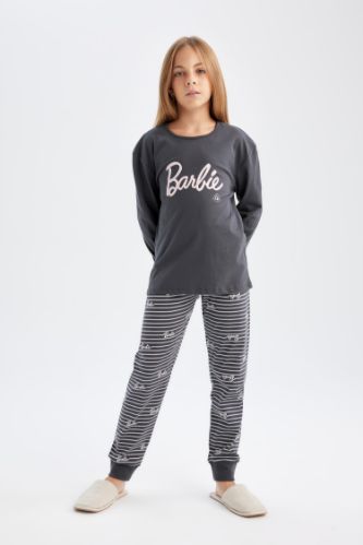 Kız Çocuk Pijama Takım Barbie Uzun Kollu Üst Beli Lastikli Uzun Alt