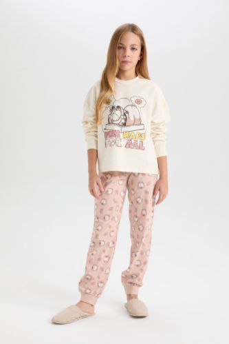 Kız Çocuk Pijama Takım Garfield Sweatshirt Üst Desenli Beli Lastikli Uzun Alt