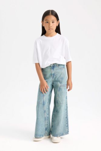 Kız Çocuk Wide Leg Geniş Paça Kargo Cepli Jean Pantolon