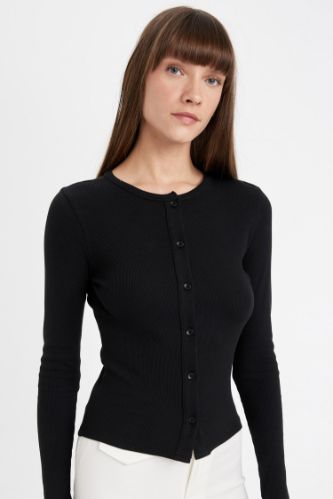 Slim Fit Dar Kesim Basic Düz Bisiklet Yaka Düğmeli Fitilli Kaşkorse Hırka