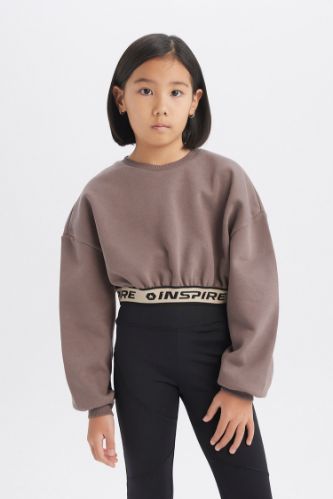 Kız Çocuk Crop Bisiklet YakaBaskılı İçi Yumuşak Tüylü Kalın Sweatshirt