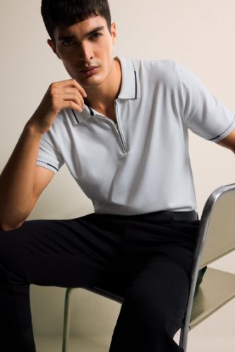Standart Fit Polo Yaka Fermuarlı Triko Kısa Kollu Tişört