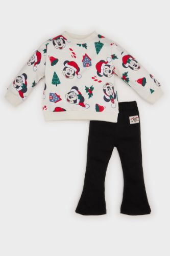 Kız Bebek Yılbaşı Temalı 2'li Takım Disney Mickey & Minnie Bisiklet Yaka Sweatshirt İspanyol Paça Alt