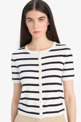 Regular Fit Crew Neck Striped Knit Cardigan