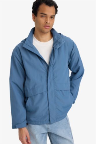 Erkek Açık İndigo Su İtici Kapüşonlu Yağmurluk