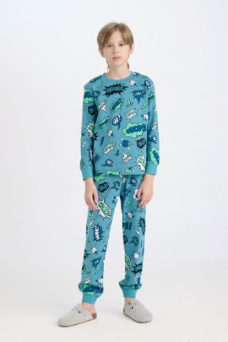 Erkek Çocuk Pijama Takım Desenli Uzun Kollu Üst Beli Lastikli Uzun Alt
