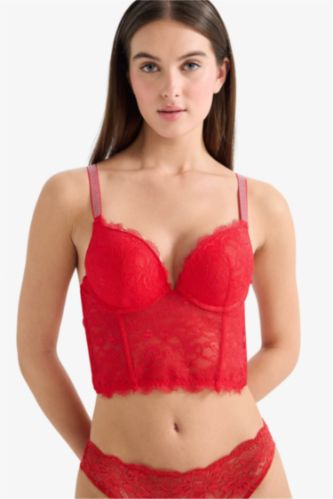 نساء أحمر حمالة الصدر بوش أب كامل بالدانتيل حشو إضافي