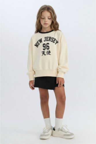 Kız Çocuk 2'li Takım Baskılı Sweatshirt Şort Etek