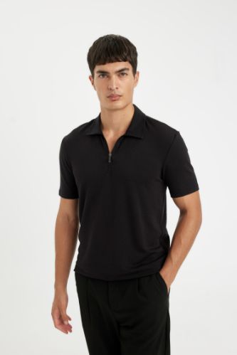 Slim Fit Dar Kesim Yarım Fermuarlı Kısa Kollu Krinkıl Siyah Polo Tişört