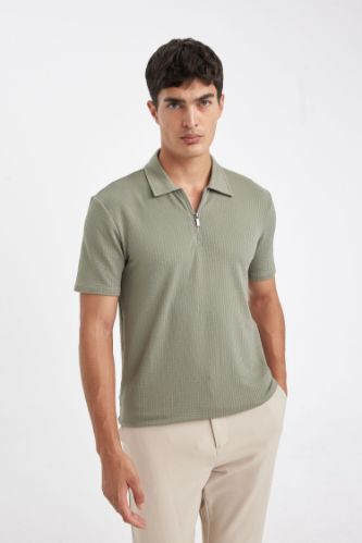Slim Fit Dar Kesim Yarım Fermuarlı Kısa Kollu Krinkıl Polo Tişört