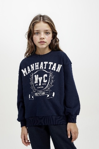 Kız Çocuk Relax Fit Bisiklet Yaka Baskılı Sweatshirt