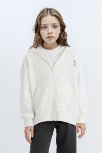 Kız Çocuk Oversize Geniş Kalıp Kapüşonlu Baskılı Fermuarlı Sweatshirt