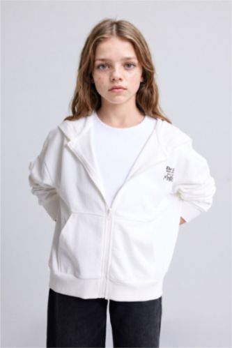 Kız Çocuk - Genç Kız Ekru Oversize Geniş Kalıp Kapüşonlu Baskılı Fermuarlı Sweatshirt Kız Çocuk