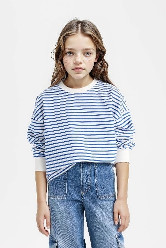 Kız Çocuk Relax Fit Bisiklet Yaka Çizgili Sweatshirt