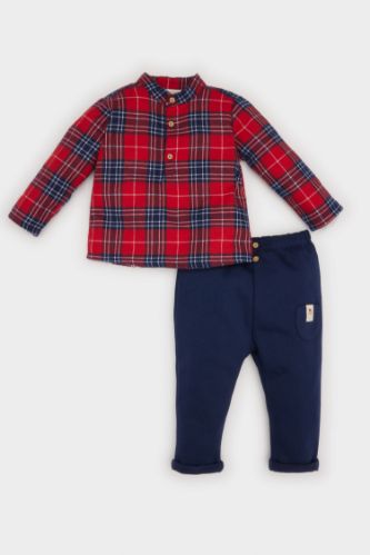 Erkek Bebek 2'li Takım Uzun Kollu Flanel Kareli Gömlek Beli Lastikli Pantolon