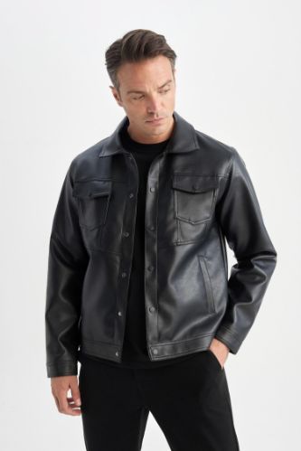 Su İtici Slim Fit Çıtçıtlı Mont Dar Kesim Suni Deri Gömlek Yaka Cepli