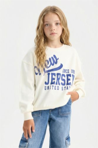 Relax Fit Bisiklet Yaka Baskılı Sweatshirt Kız Çocuk