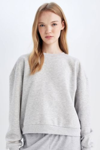 Regular Fit Bisiklet Yaka Kalın Basic Düz Sweatshirt