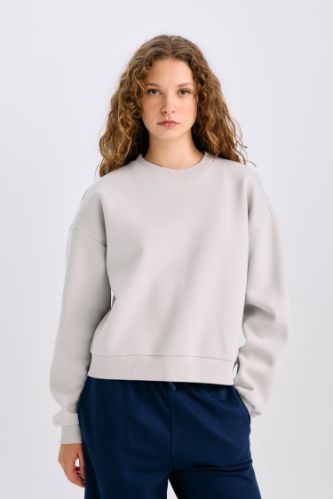 Regular Fit Bisiklet Yaka Kalın Basic Düz Sweatshirt
