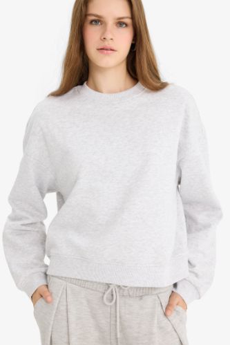 Regular Fit Bisiklet Yaka Kalın Basic Düz Sweatshirt