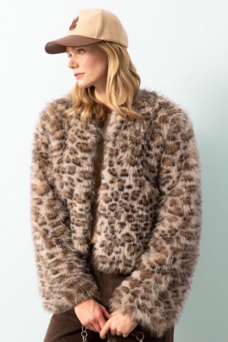 Regular Fit Leopar Desenli Suni Kürk Ceket Mont