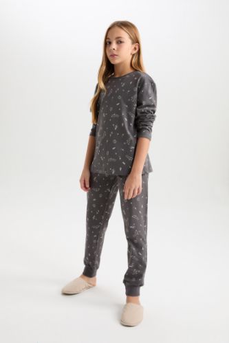 Kız Çocuk Pijama Takımı Desenli Uzun Kollu Üst Beli Lastikli Uzun Alt