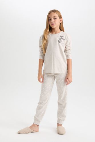 Kız Çocuk Pijama Takımı Bisiklet Yaka Baskılı Uzun Kollu Üst Beli Lastikli Uzun Alt