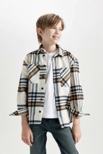 Erkek Çocuk Oversize Geniş Kalıp Polo Yaka Flanel Cepli Kareli Uzun Kollu Gömlek