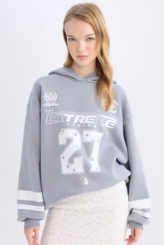 Coool Oversize Geniş Kalıp Kapüşonlu Baskılı Kalın Sweatshirt