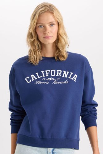 Relax Fit Bisiklet Yaka Baskılı Kalın Sweatshirt