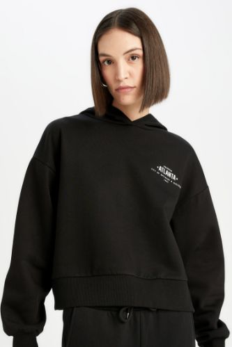 Boxy Fit Kapüşonlu Baskılı Kalın Siyah Sweatshirt