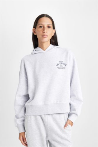 Kadın Gri Melanj Regular Fit Kapüşonlu Baskılı Kalın Sweatshirt