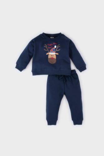 Erkek Bebek Yılbaşı Temalı 2'li Takım Bisiklet Yaka Sweatshirt Beli Lastikli Eşofman Altı