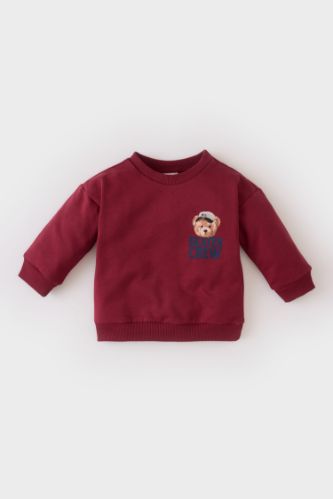 Erkek Bebek Bisiklet Yaka Ayı Baskılı İçi Yumuşak Tüylü Sweatshirt