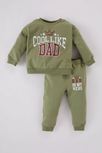 Erkek Bebek 2'li Takım Bisiklet Yaka Baskılı Sweatshirt Beli Lastikli Alt