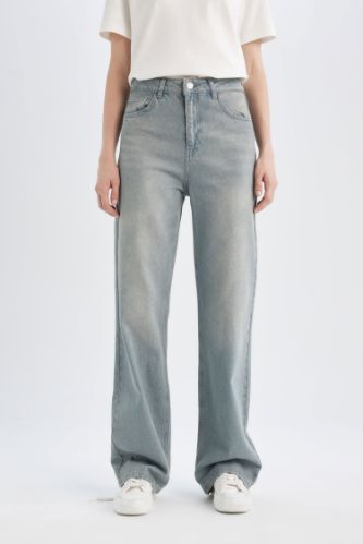 90's Wide Leg Yüksek Bel Uzun Jean Yıkamalı Pantolon