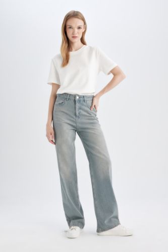90's Wide Leg Yüksek Bel Uzun Jean Yıkamalı Pantolon