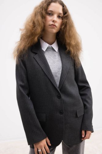 Oversize Geniş Kalıp Ceket Yaka Düğmeli Çizgili Blazer Ceket