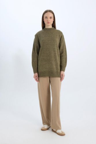 Relax Fit Beli Lastikli Basic Düz Krep Palazzo Pantolon