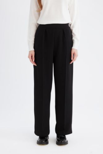 Relax Fit Beli Lastikli Basic Düz Krep Pantolon