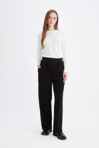 Relax Fit Beli Lastikli Basic Düz Krep Pantolon