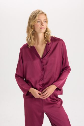 Purple WOMAN Fall in Love Basic Satin Long Sleeve Top and Bottom 2 Piece Pajama Set 3171984 DeFacto