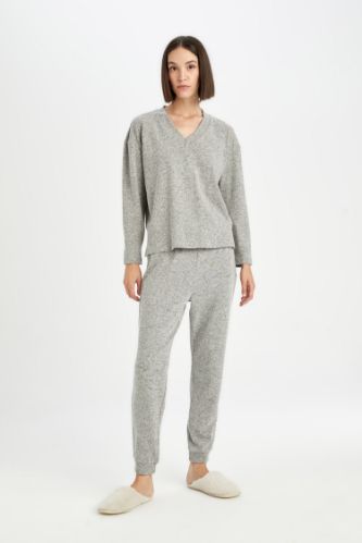 Pijama Takım V Yaka Uzun Kollu Üst Beli Lastikli Alt