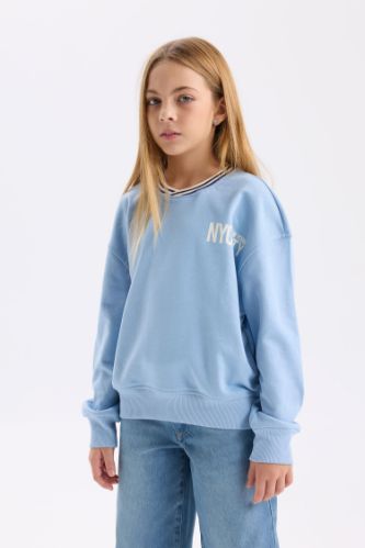 Kız Çocuk Relax Fit V Yaka Baskılı Sweatshirt