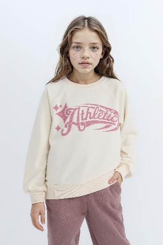 Kız Çocuk Relax Fit Bisiklet Yaka Baskılı Sweatshirt