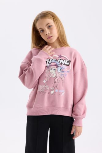 Kız Çocuk Oversize Geniş Kalıp Bisiklet Yaka Baskılı Sweatshirt