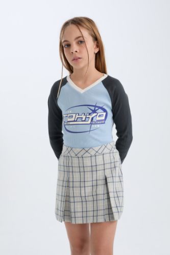 Kız Çocuk Slim Fit Dar Kesim V Yaka Baskılı Fitilli Kaşkorse Uzun Kollu Tişört