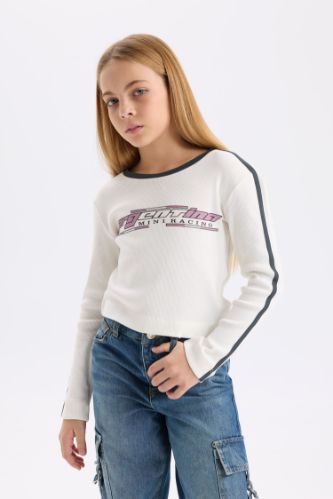 Kız Çocuk Slim Fit Dar Kesim Bisiklet Yaka Baskılı Fitilli Kaşkorse Uzun Kollu Tişört