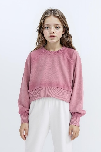 Kız Çocuk Relax Fit Bisiklet Yaka Crop Basic Düz Sweatshirt